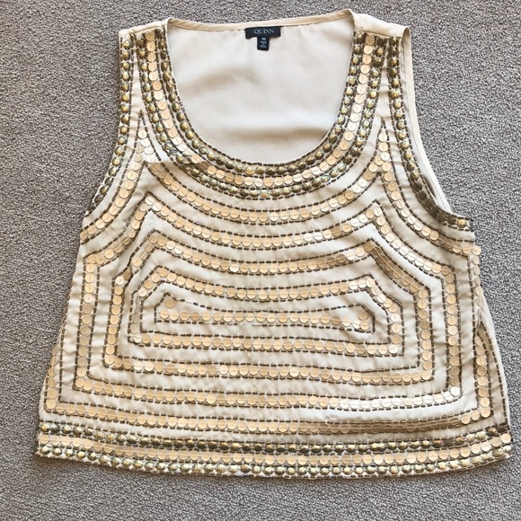 Quinn Tops - QUINN BEADED TAN CROP TANK TOP SIZE MEDIUM
